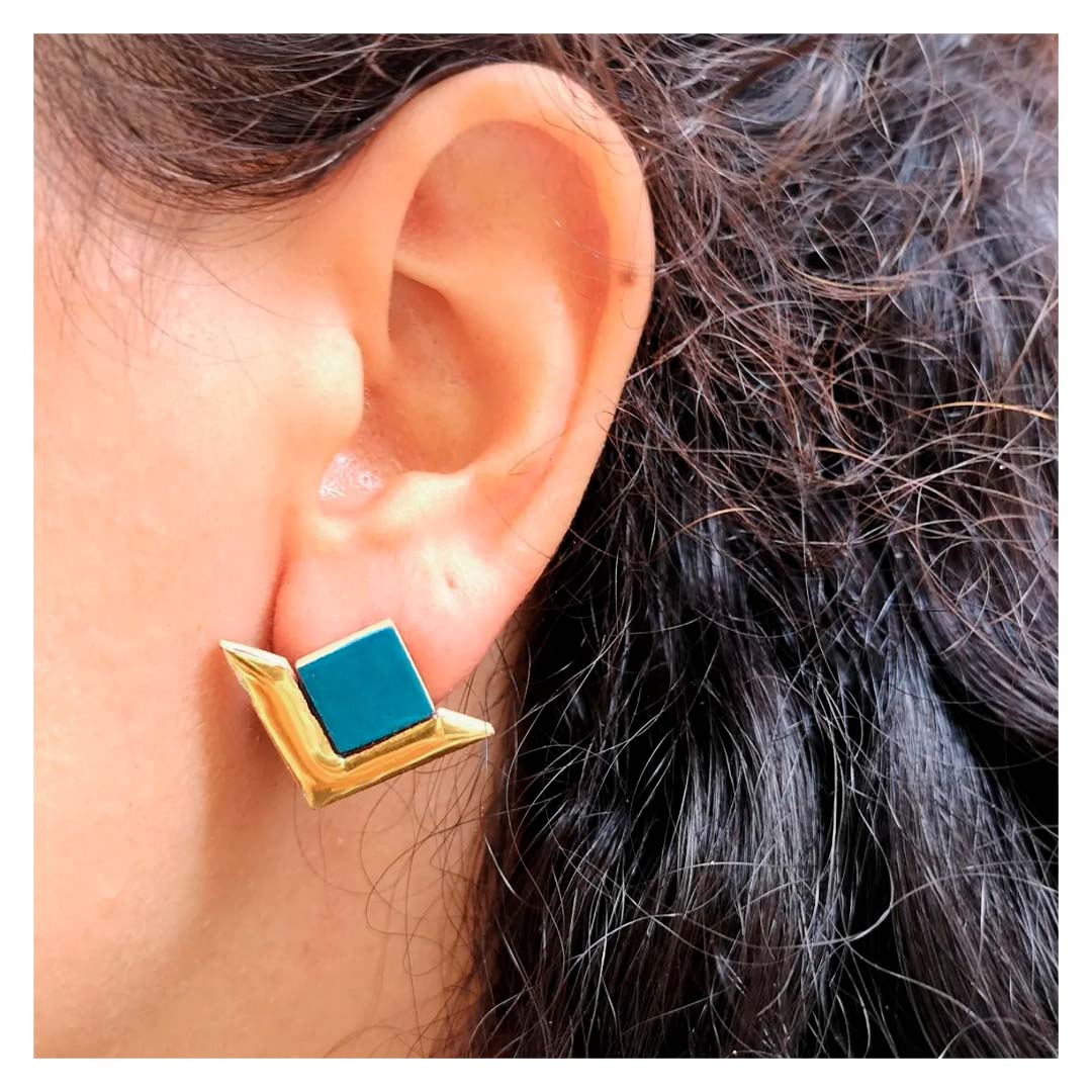 LES POULETTES BIJOUX - Silver Brass Earrings Chain and Ceramic Cube, Ceramic : Stéphanie Ducauroix LES POULETTES BIJOUX - Silver Brass Earrings Chain and Ceramic Cube, Ceramic : Stéphanie Ducauroix